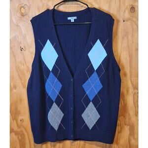 IZOD Sweater Vest Women's Size 2X Blue Argyle Diamond Classic Preppy Retro Basic